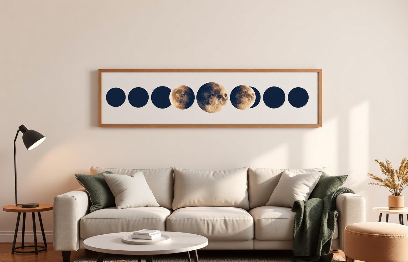 Wide personalized moon phase poster above a linen sofa