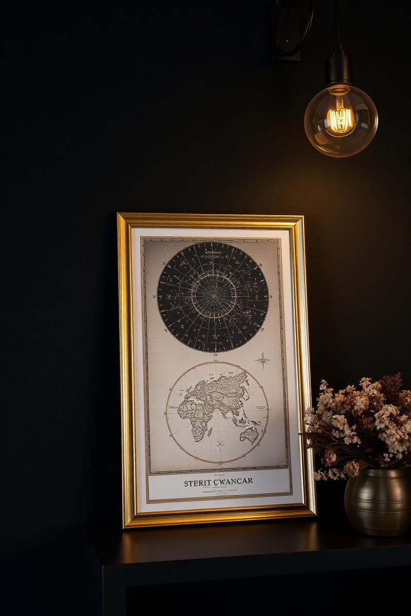 Gold framed personalized star map poster leaning on a shelf