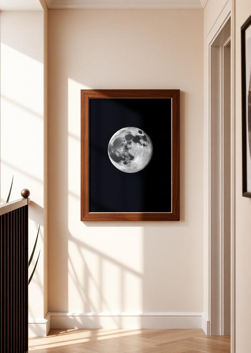 Walnut framed custom moon phase art in a hallway