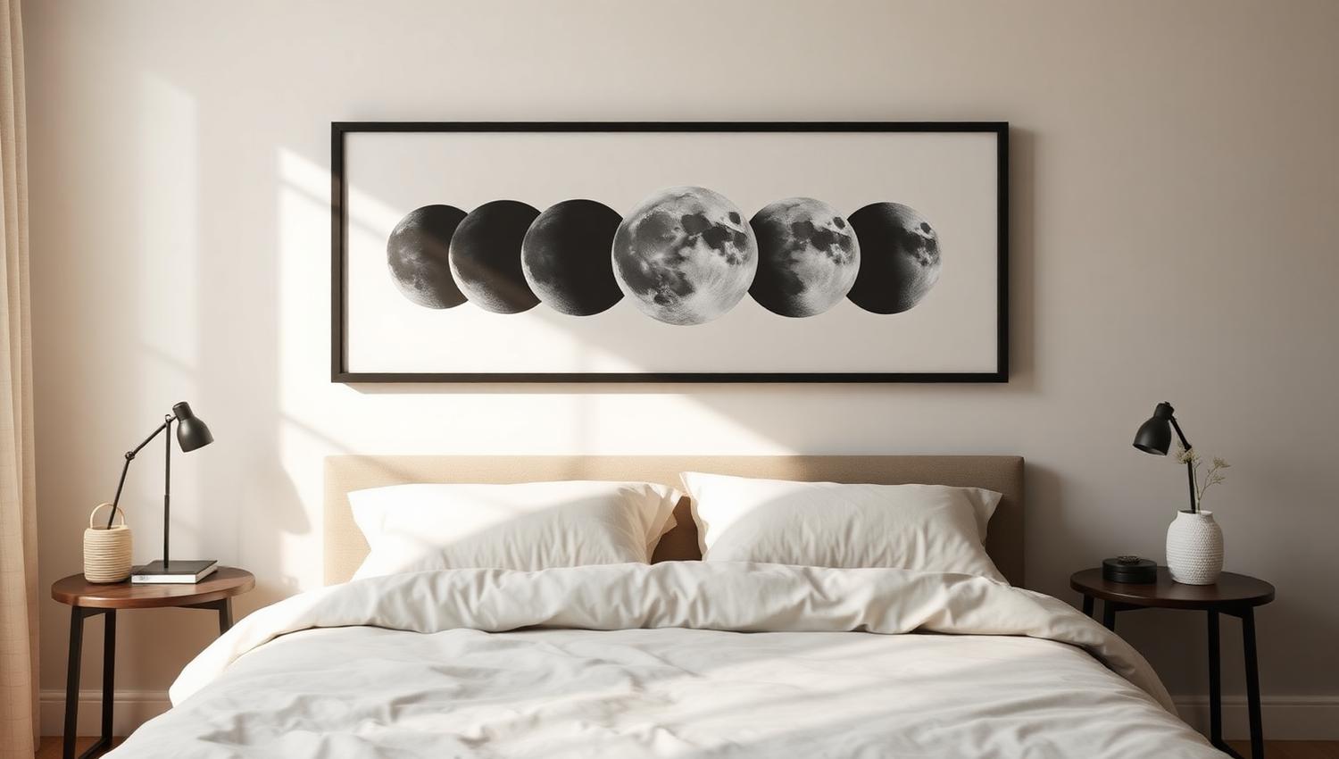 Panoramic custom moon phase poster above a bed