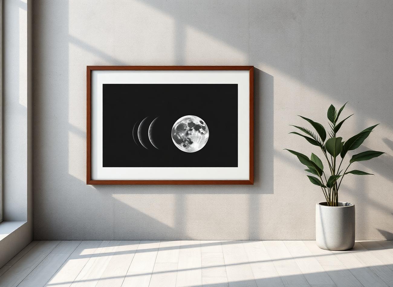 Horizontal framed personalized moon phase poster against a concrete wall